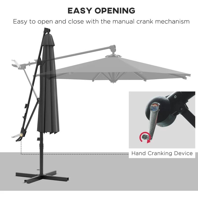 Umbrela gradina/terasa, articulatie tip banana, rotativa, cu manivela, gri, 292 cm