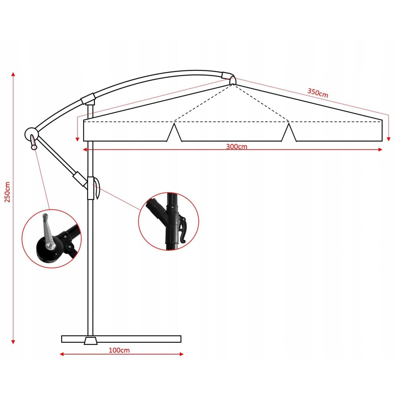 Umbrela gradina/terasa cu LED, Chomik, articulatie tip banana, gri, 300 cm