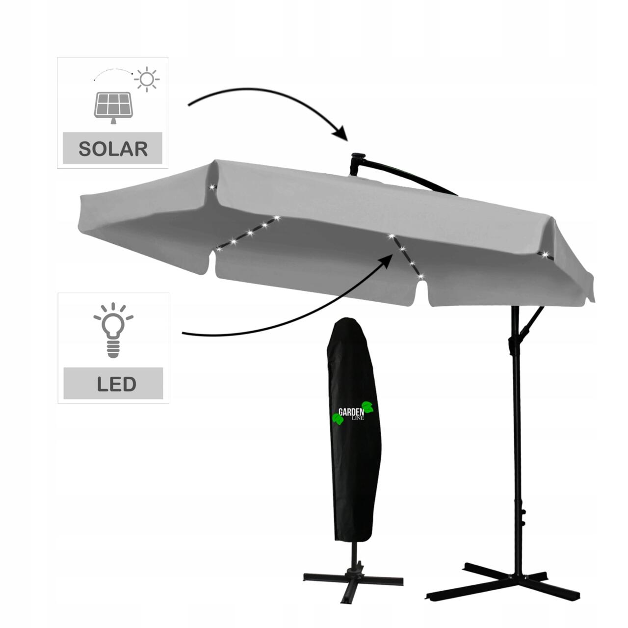 Umbrela gradina/terasa cu LED, Chomik, articulatie tip banana, gri, 300 cm