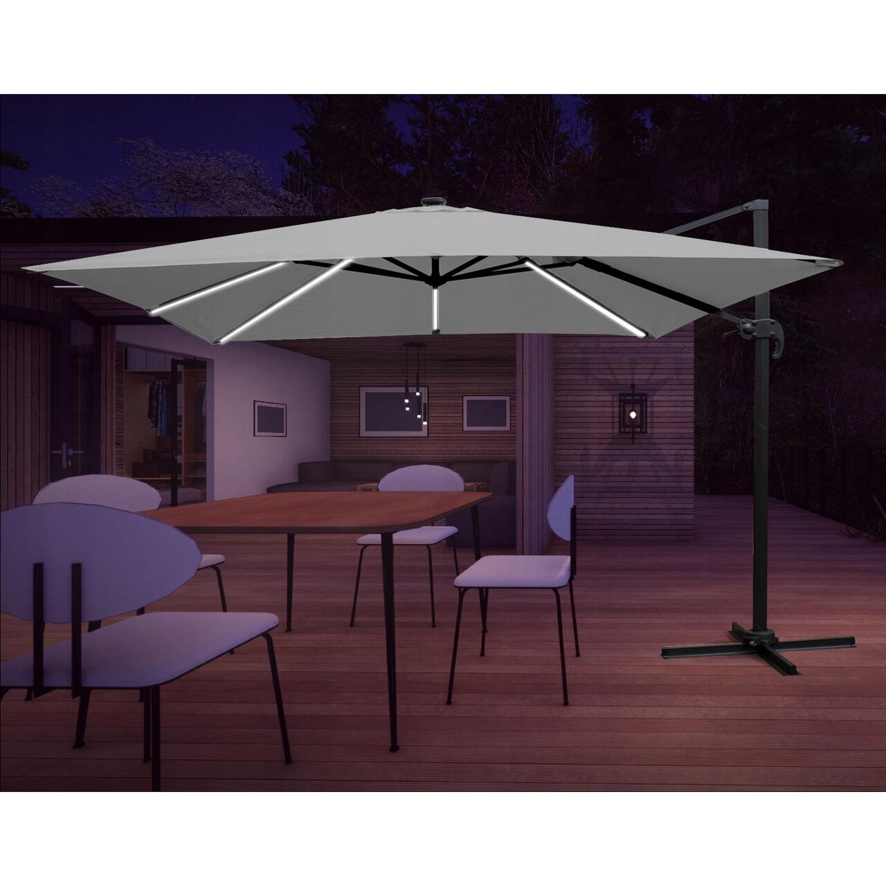 Umbrela gradina/terasa cu LED, Chomik, articulatie tip banana, gri, 300x300 cm