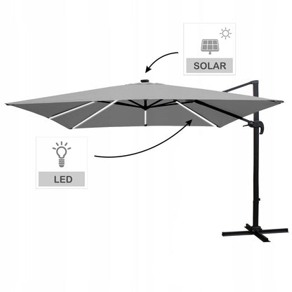 Umbrela gradina/terasa cu LED, Chomik, articulatie tip banana, gri, 300x300 cm