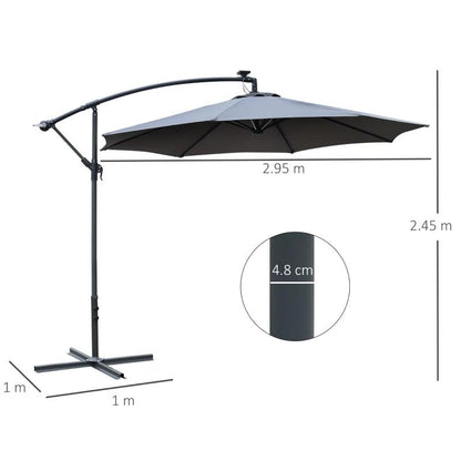 Umbrela gradina/terasa cu panou solar, iluminare LED, articulatie tip banana, manivela, gri, 295 cm