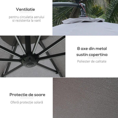 Umbrela gradina/terasa cu panou solar, iluminare LED, articulatie tip banana, manivela, gri, 295 cm