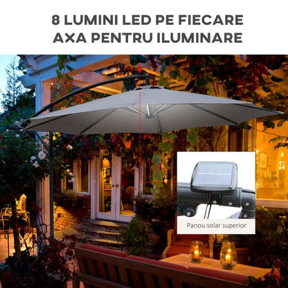 Umbrela gradina/terasa cu panou solar, iluminare LED, articulatie tip banana, manivela, gri, 295 cm