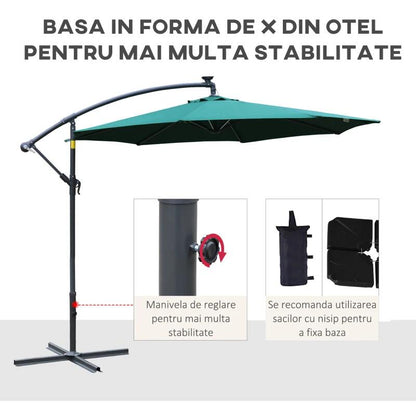 Umbrela gradina/terasa cu panou solar, iluminare LED, articulatie tip banana, manivela, verde, 295 cm