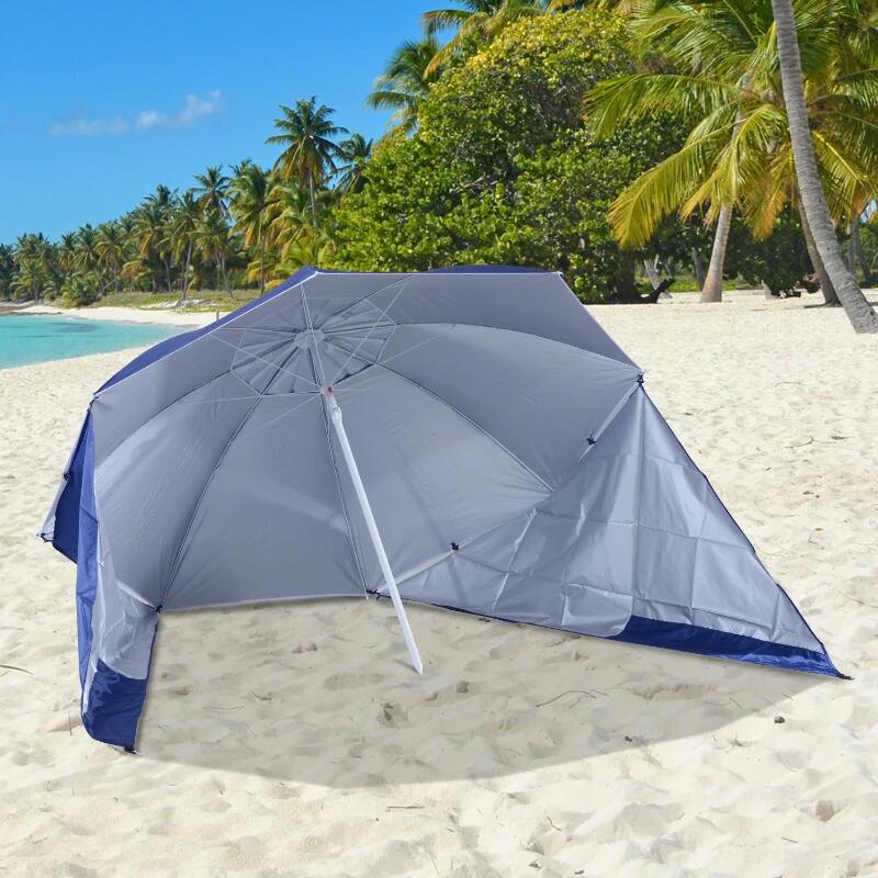 Umbrela plaja/gradina, 2 in 1, albastru si alb, 210 cm