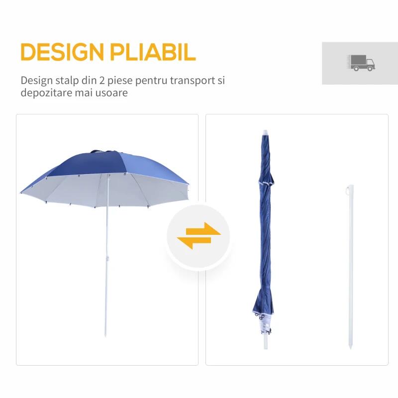 Umbrela plaja/gradina, 2 in 1, albastru si alb, 210 cm