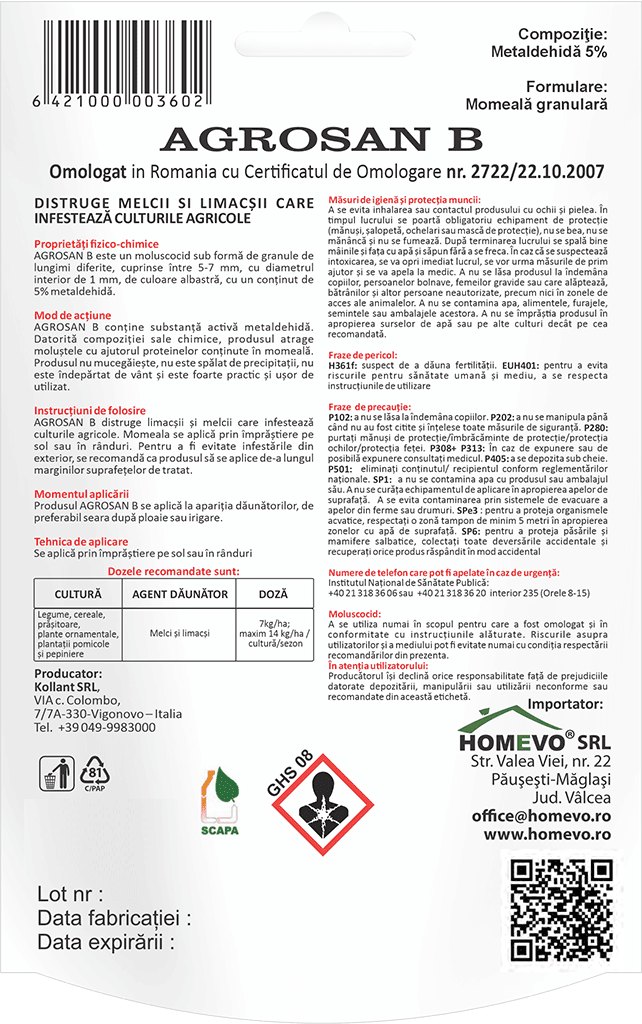 Homevo Agrosan B - Moluscocid cu Metaldehida 5% - Melci si Limacsi, Avizat BIO