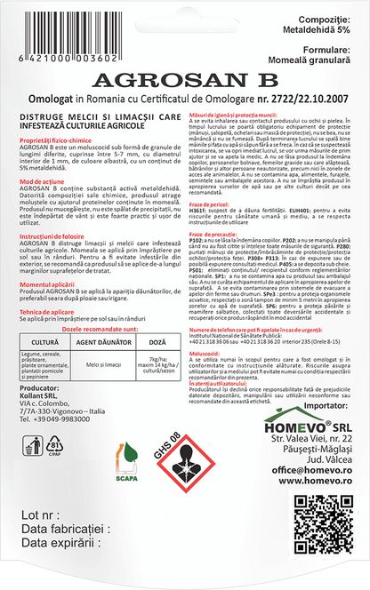 Homevo Agrosan B - Moluscocid cu Metaldehida 5% - Melci si Limacsi, Avizat BIO