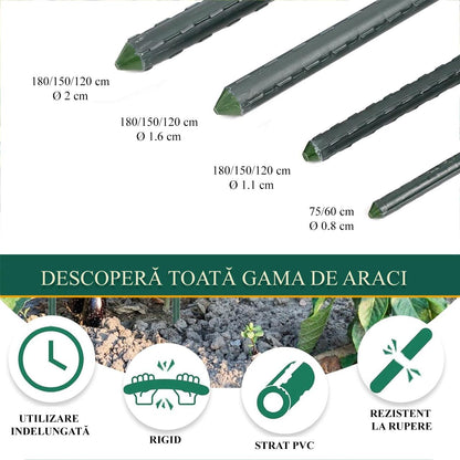 Set 25 araci/suport pentru rosii, castraveti, fasole, metal + PVC, verde, 180x1.1 cm, Artool
