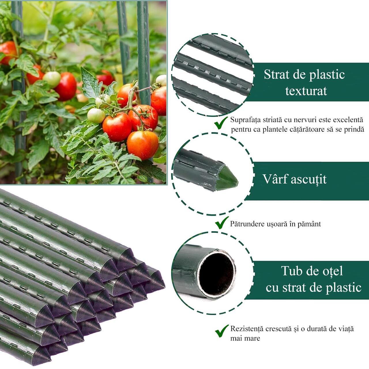 Set 25 araci/suport pentru rosii, castraveti, fasole, metal + PVC, verde, 150x2 cm, Artool