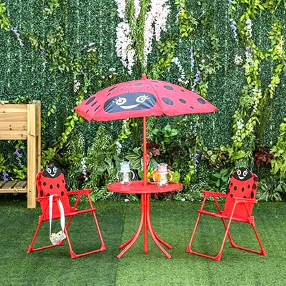 Set mobilier gradina/terasa pentru copii, pliabil, rosu, model buburuza, 1 masa cu umbrela, 2 scaune, Melisenda
