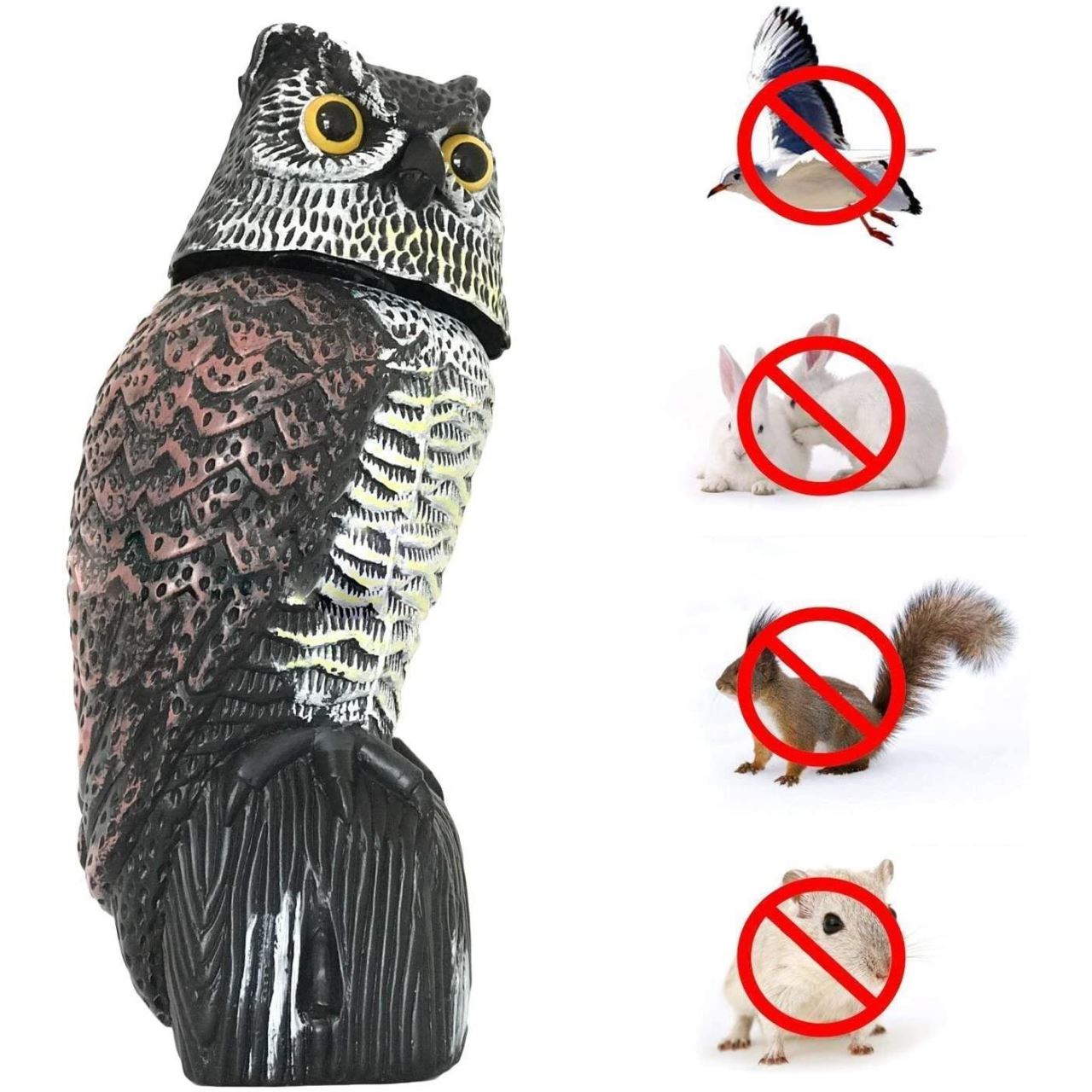 Decoratiune / sperietoare daunatori, solara, Bufnita cap rotativ si ochi luminosi, 43cm