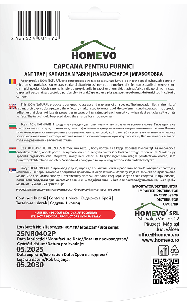HOMEVO CAPCANA PENTRU FURNICI - Capcana cu Lipici si Atractant Natural - Interior si Exterior, Non-Toxica