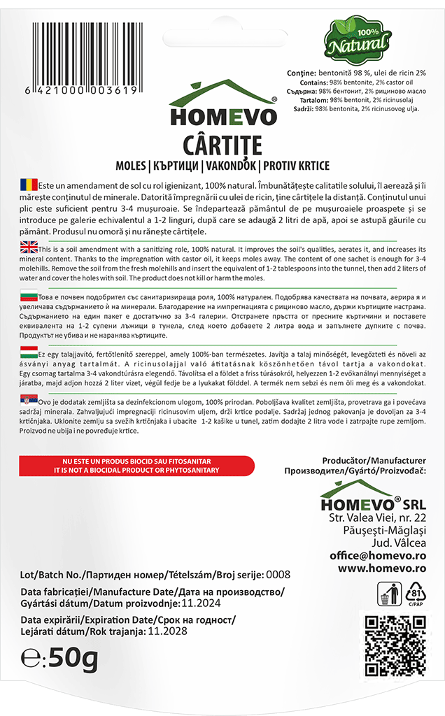 Homevo Bentonita Cartite - Repelent Natural cu Ulei de Ricin - Alunga fara sa Raneasca