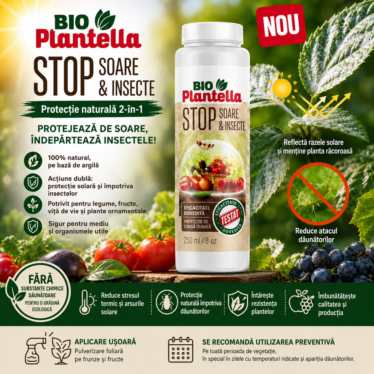 BIO PLANTELLA STOP SUN&INSECT - Protectie Naturala pe Baza de Argila Alba - Legume, Livezi, Podgorii, Arsuri Solare, Insecte
