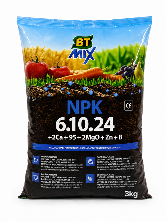 Ingrasamant NPK 6.10.24 + 9S + 2Ca + 2MgO + Zn + B - Ingrasamant Polivalent Granulat - Legume, Pomi Fructiferi, Vita de Vie, Gazon, Cereale