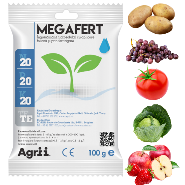 MEGAFERT 20-20-20 100G - Ingrasamant NPK Echilibrat cu Microelemente si Sulf - Fertirigare, Foliar, Sol