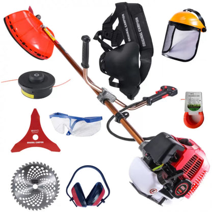 Motocoasă profesională pe benzină 9.5 CP, 7 kW, cu 10 accesorii complete, Easy Start, pentru tuns iarbă și buruieni