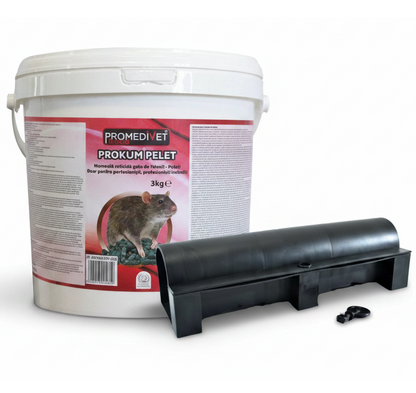 Pachet Deratizare Profesional Control Rozătoare – Raticid Prokum Pelet Albastru  3 kg + Stație Intoxicare Alpha Long 24 buc