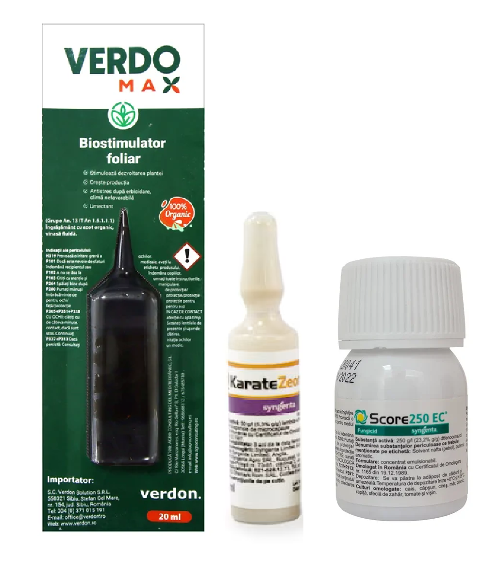 Pachet Insecticid Karate Zeon 50 CS, 2 Ml + Biostimulator Legume, Fructe, VERDOMAX, 20 Ml+ Fungicid Score 250 EC, 2 Ml