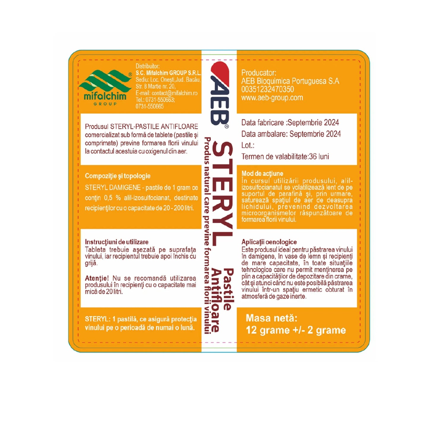 STERYL - Punga 12 Pastile Anti Floare - Produs Natural Prevenire Formarea Flori Vinului - Damigene, Vase Lemn, 20-200L - Mifalchim